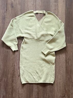 Light Green V-Neck Wrap Sweater Dress - Women